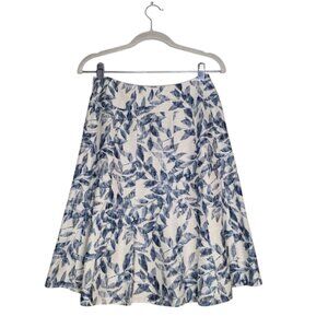 ANN TAYLOR Beige Silk Linen Blend Blue Leaf Print Knee Length A-Line Skirt 0